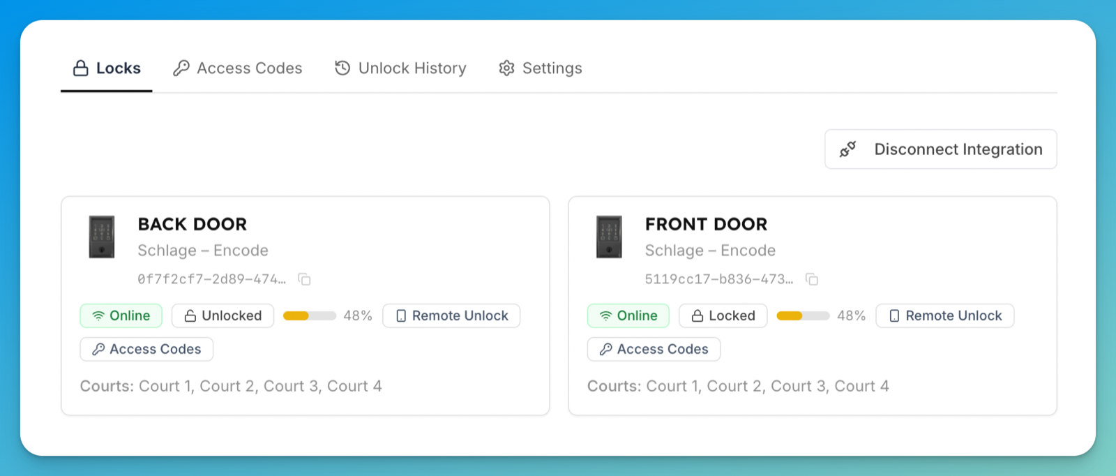 The Locks tab after connecting Seam, listing the club's locks with their online status, battery level, and mapped spaces.