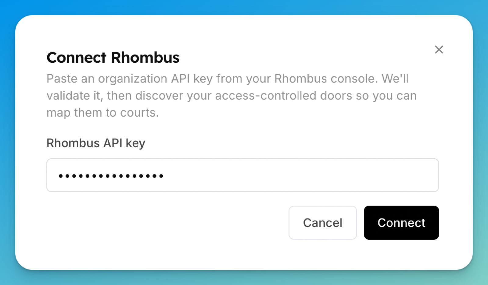 The Connect Rhombus dialog with a masked field for the Rhombus API key.