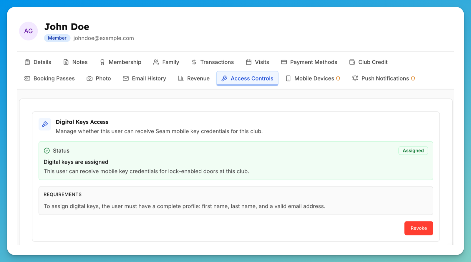 The Access Controls tab on a customer's admin profile, showing the Digital Keys Access card with an Assigned status and a Revoke button.