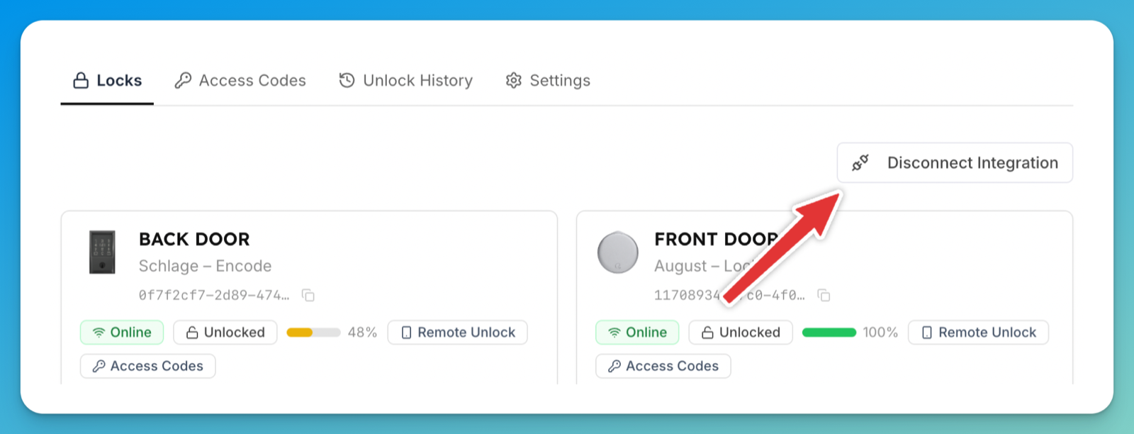The Locks tab with the Disconnect Integration button at the top right, above the lock cards.