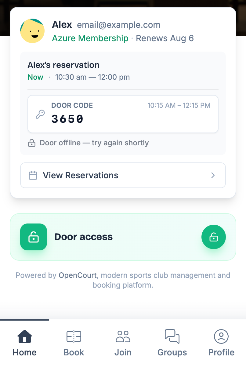 A reservation card in the OpenCourt app showing the DOOR CODE with the hours it's active, and a Door access button below.