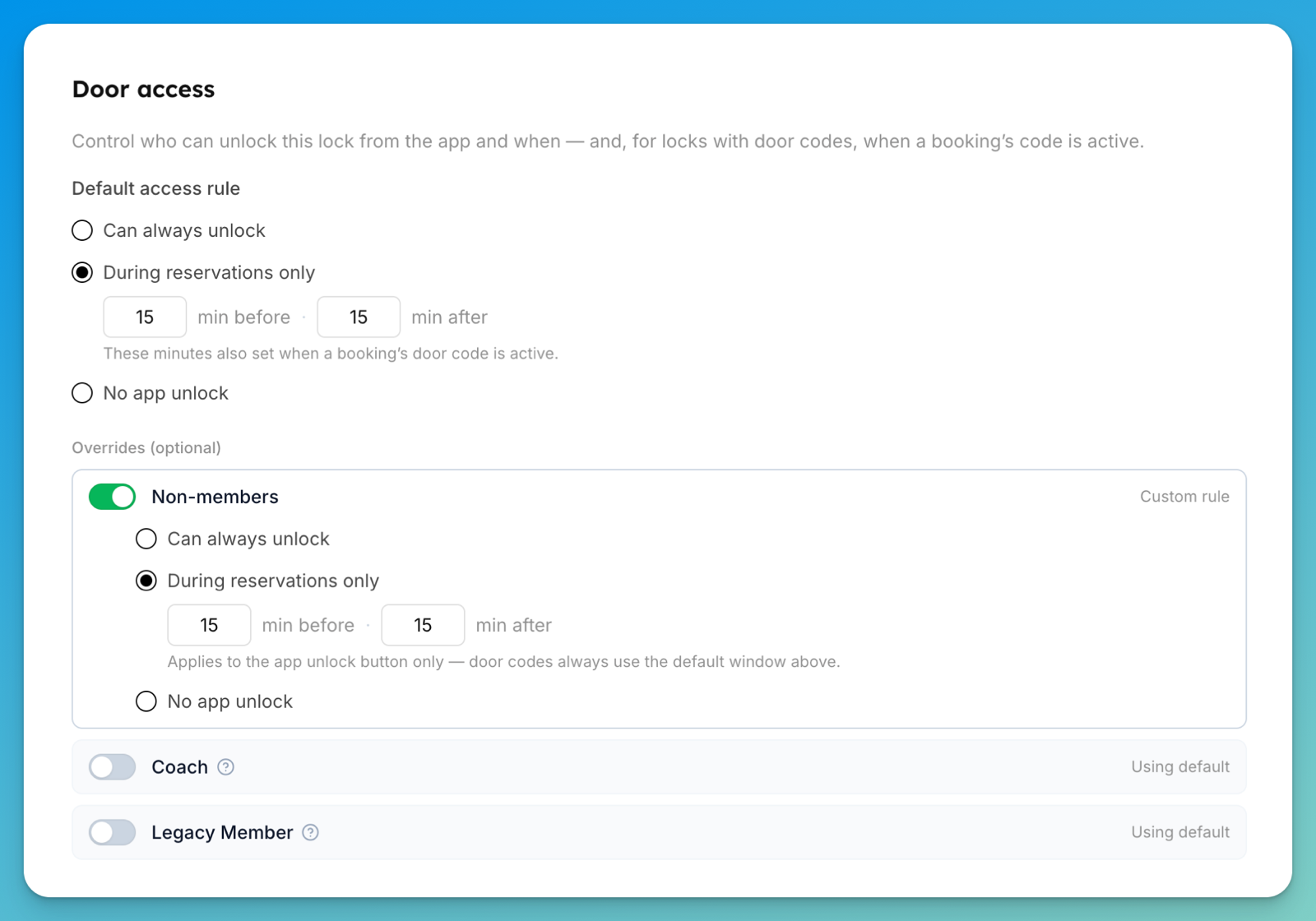 The Door access section of a lock's page, showing the default access rule and a Non-members override set to a custom rule.