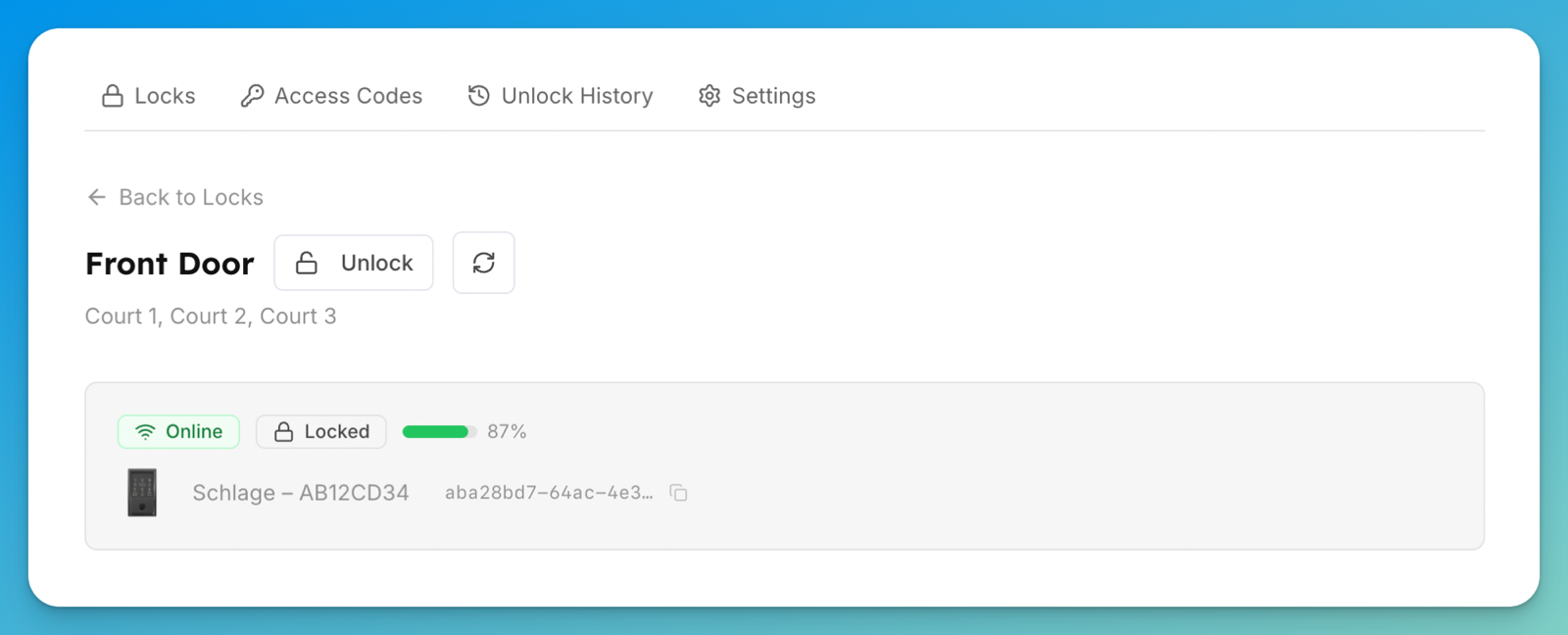 Per-lock admin page header with online status, lock state, battery level, and an Unlock button.