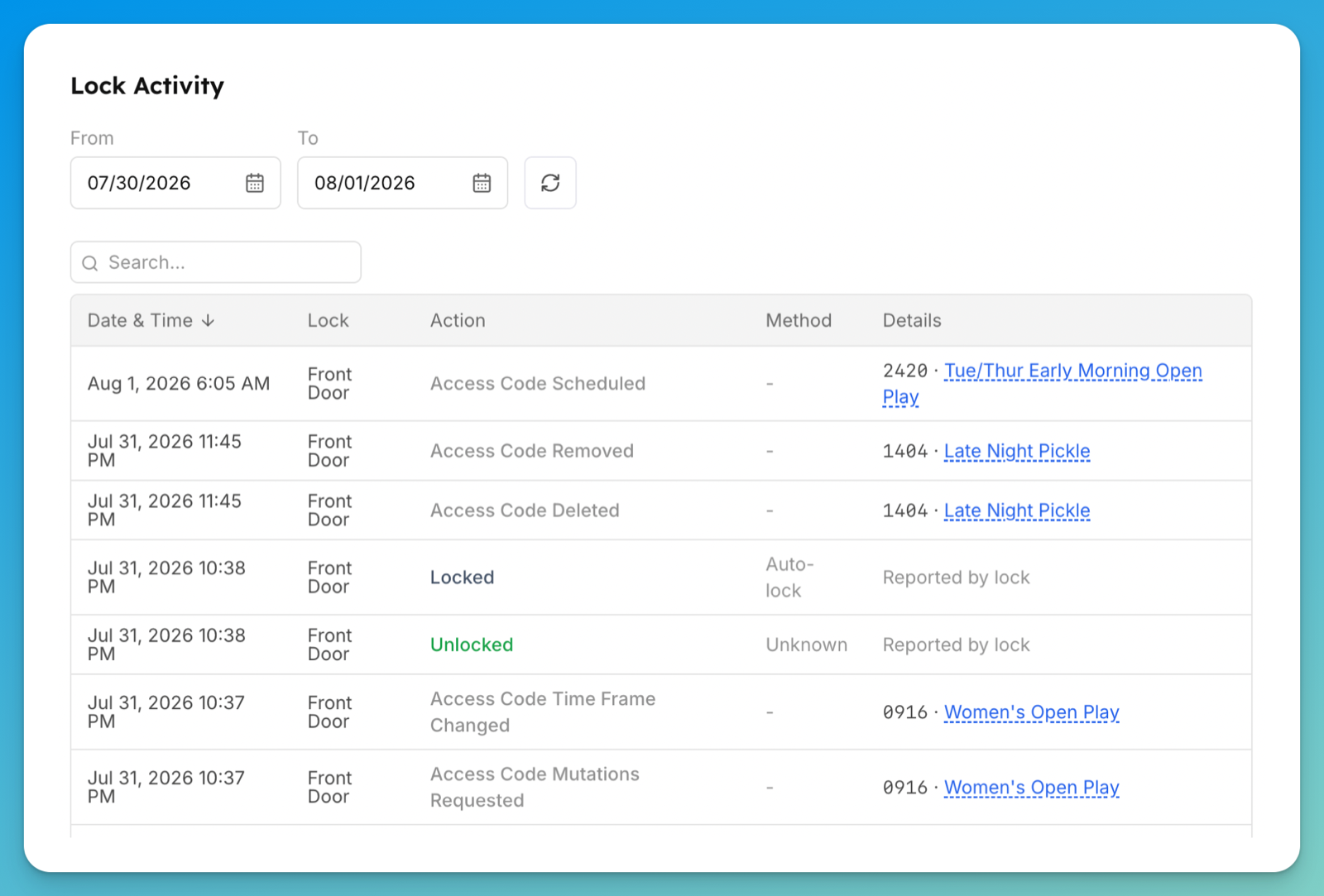 The Lock Activity section on a lock's page, with a date range filter and rows including Access Code Scheduled and Access Code Removed.