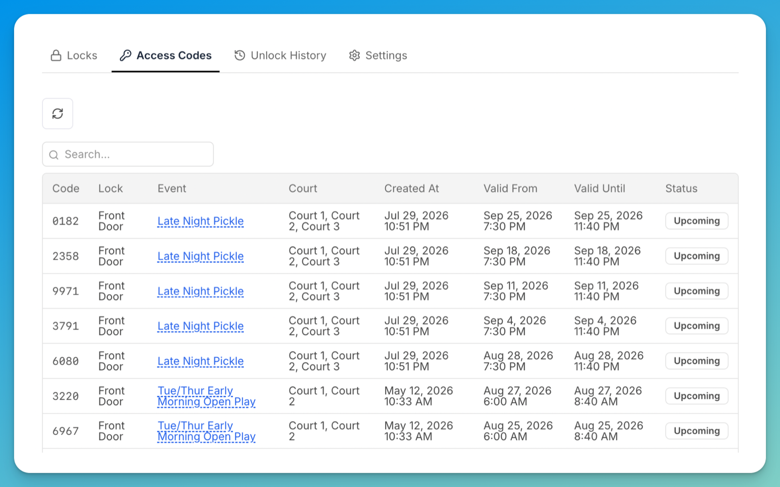 Access codes table with Code, Lock, Event, space, Valid From, Valid Until and Status columns, showing Upcoming rows.