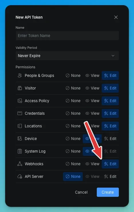 The New API Token dialog, filled in correctly: Validity Period set to Never Expire, and Webhooks changed from None to Edit while every other permission stays at its default.