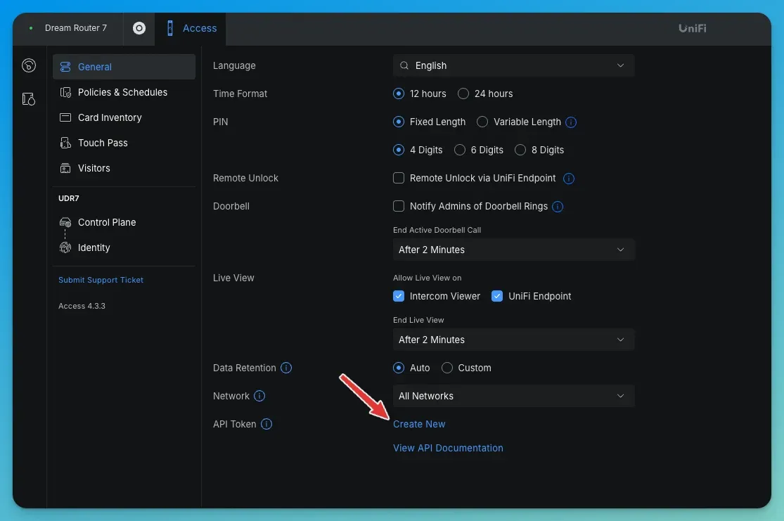 UniFi Access Settings → General, scrolled to the bottom, with the API Token row and its Create New link highlighted.