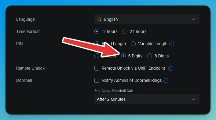 The PIN setting in UniFi Access Settings → General, with 6 Digits selected instead of the 4 Digits default.