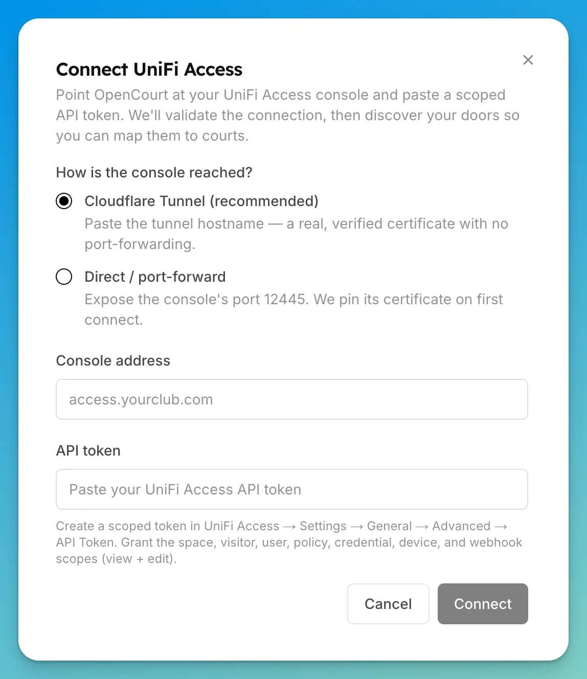 The Connect UniFi Access dialog with the reachability options, console address, and API token fields.