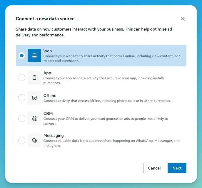 Connect a new data source dialog with Web selected