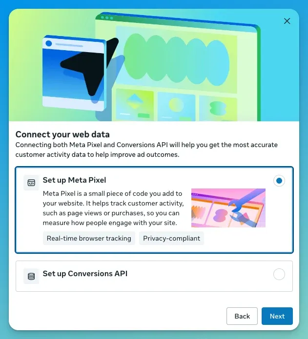 Connect your web data screen offering Set up Meta Pixel or Set up Conversions API