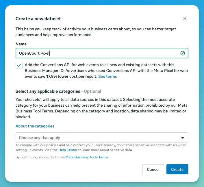 Create a new dataset dialog with a name and the Conversions API checkbox