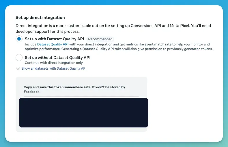 Meta's dialog showing the generated Conversions API token, with a reminder to copy it now (the token itself is hidden here)