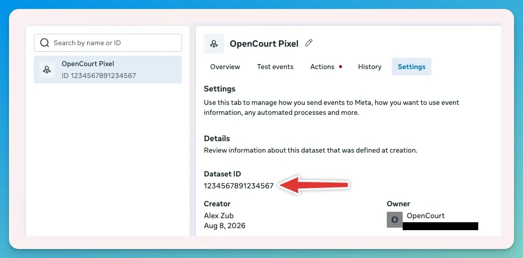 Dataset Settings tab showing the Dataset ID field