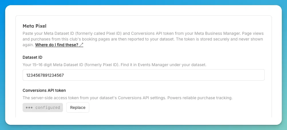OpenCourt's Meta Pixel settings card with the Dataset ID filled in and the Conversions API token stored