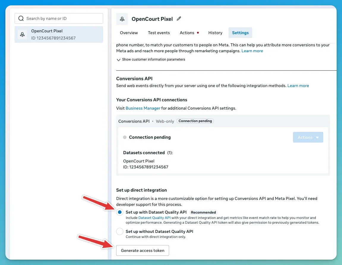 Conversions API section with Set up with Dataset Quality API and Generate access token