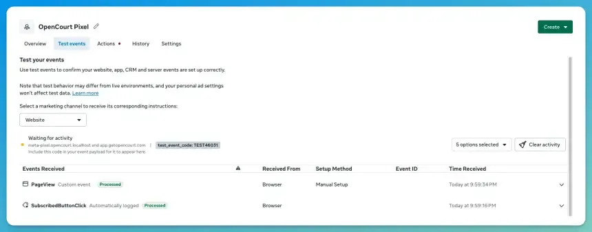 Meta Test Events tab with the Website channel selected, showing the test event code